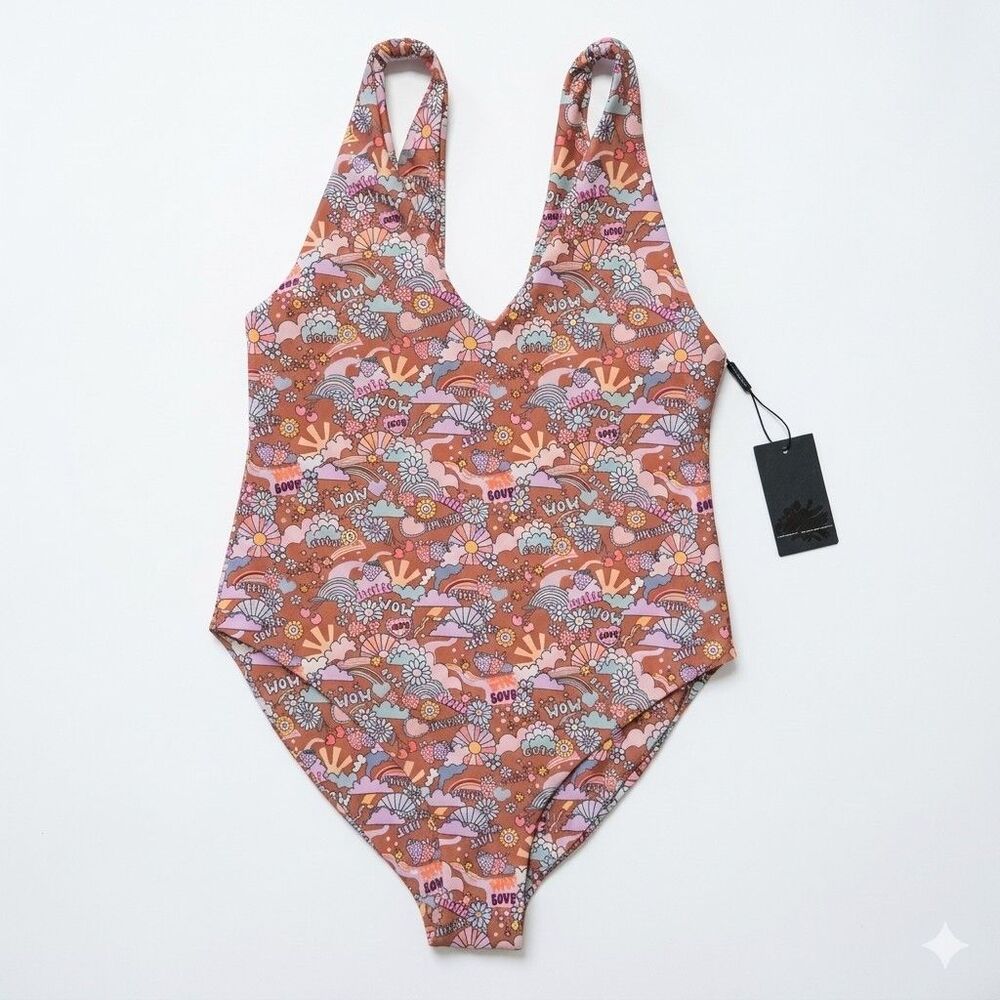 NWT Skatie One Piece Bathing Suit Brown Multi Retro Wow Love Smile Print Size S